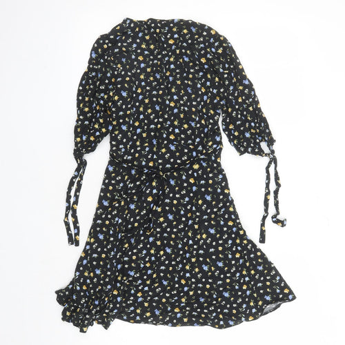 New Look Womens Black Floral Viscose A-Line Size 10 V-Neck Zip