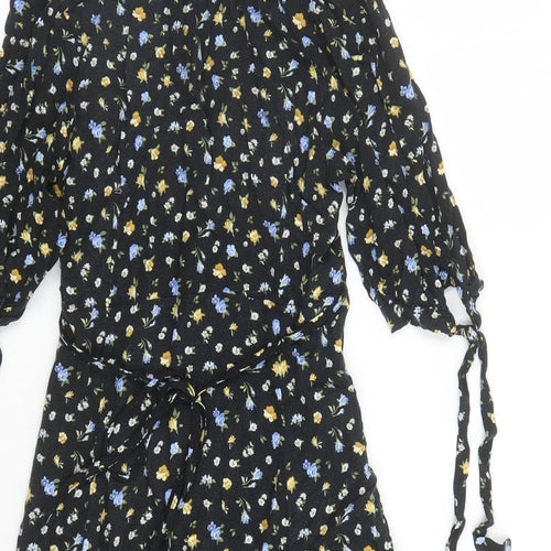 New Look Womens Black Floral Viscose A-Line Size 10 V-Neck Zip