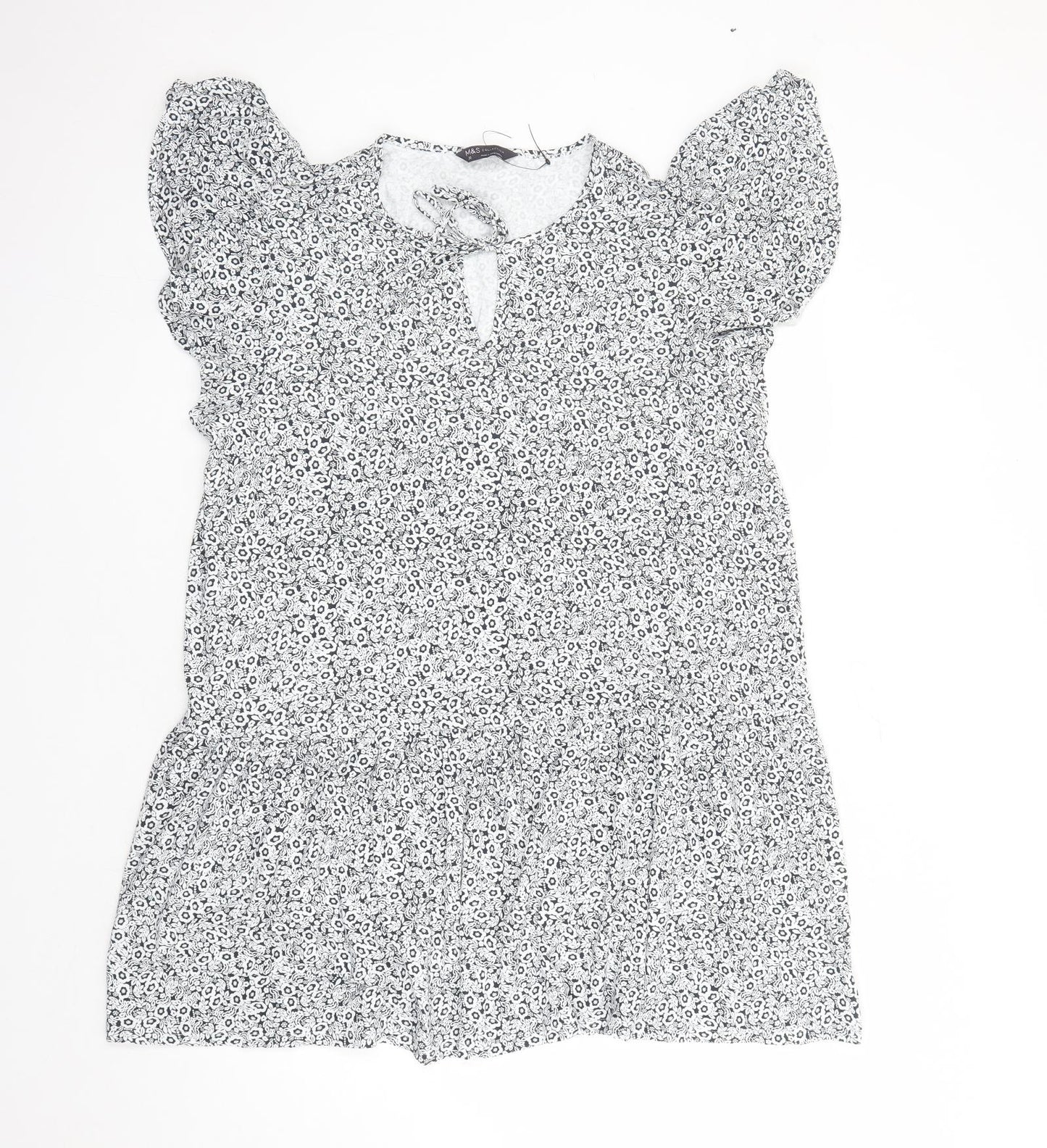Marks and Spencer Womens Blue Floral Viscose A-Line Size 20 Round Neck Pullover - Keyhole Neckline