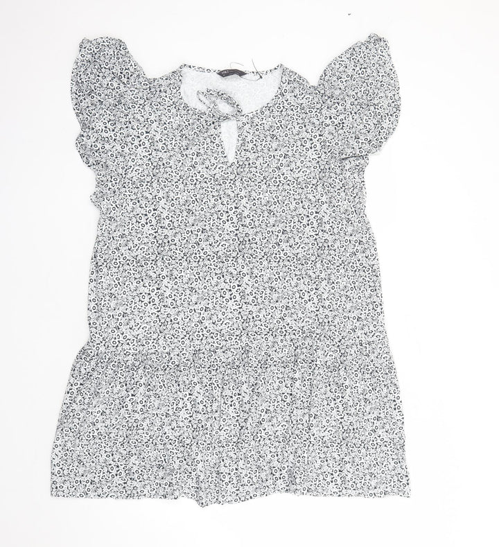 Marks and Spencer Womens Blue Floral Viscose A-Line Size 20 Round Neck Pullover - Keyhole Neckline
