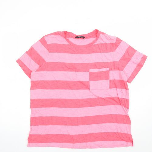 Marks and Spencer Womens Pink Striped 100% Cotton Basic T-Shirt Size 16 Crew Neck - Pocket Detail