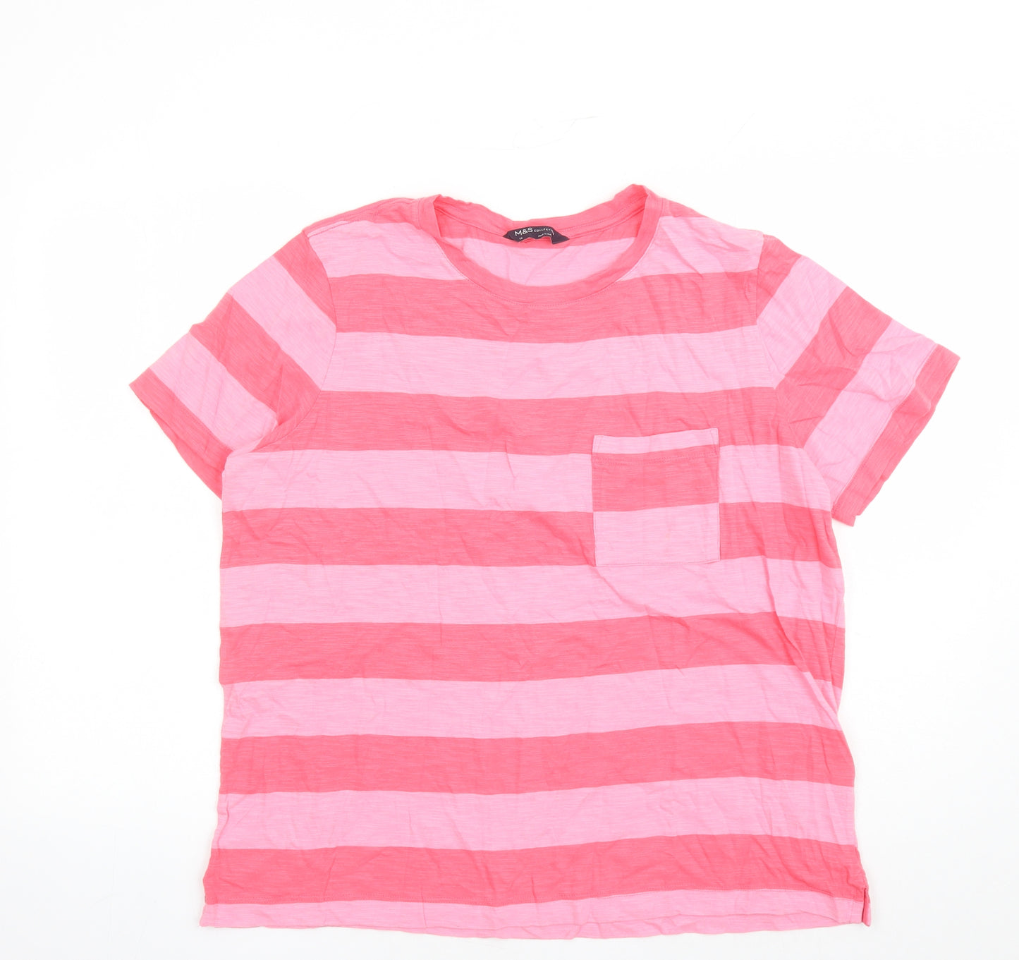 Marks and Spencer Womens Pink Striped 100% Cotton Basic T-Shirt Size 16 Crew Neck - Pocket Detail