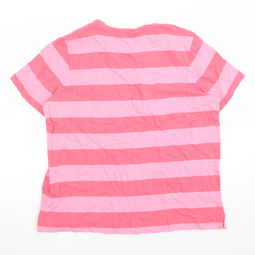 Marks and Spencer Womens Pink Striped 100% Cotton Basic T-Shirt Size 16 Crew Neck - Pocket Detail
