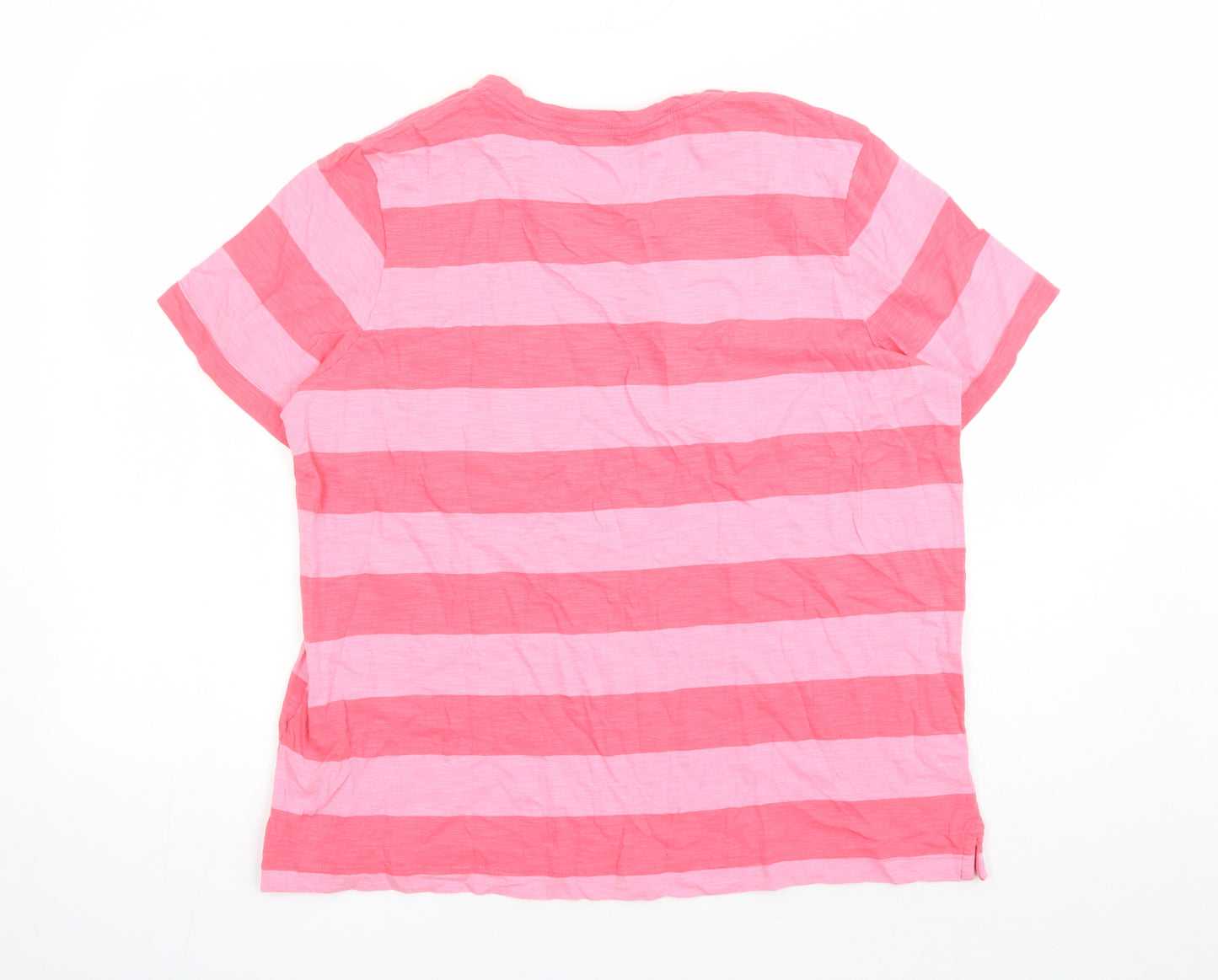 Marks and Spencer Womens Pink Striped 100% Cotton Basic T-Shirt Size 16 Crew Neck - Pocket Detail