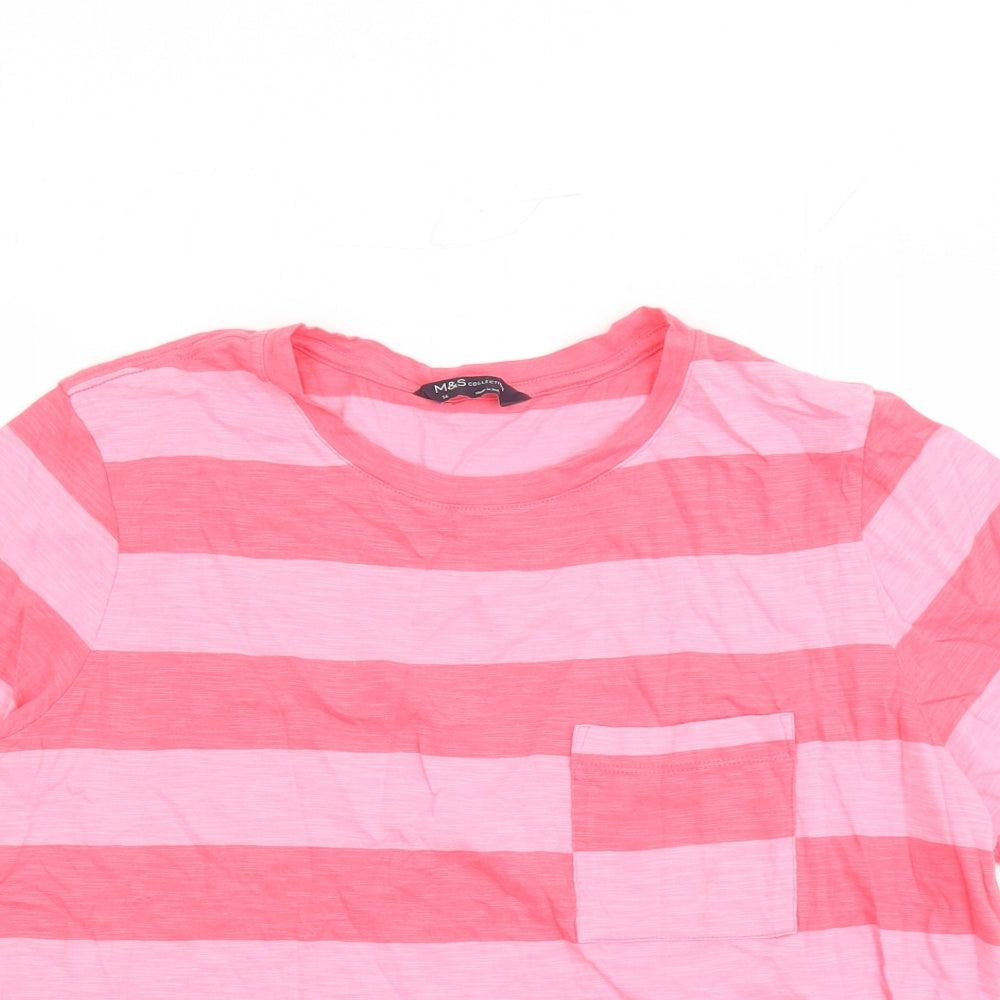 Marks and Spencer Womens Pink Striped 100% Cotton Basic T-Shirt Size 16 Crew Neck - Pocket Detail