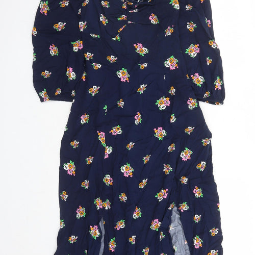 Marks and Spencer Womens Blue Floral Viscose A-Line Size 8 V-Neck Zip - Split Detail