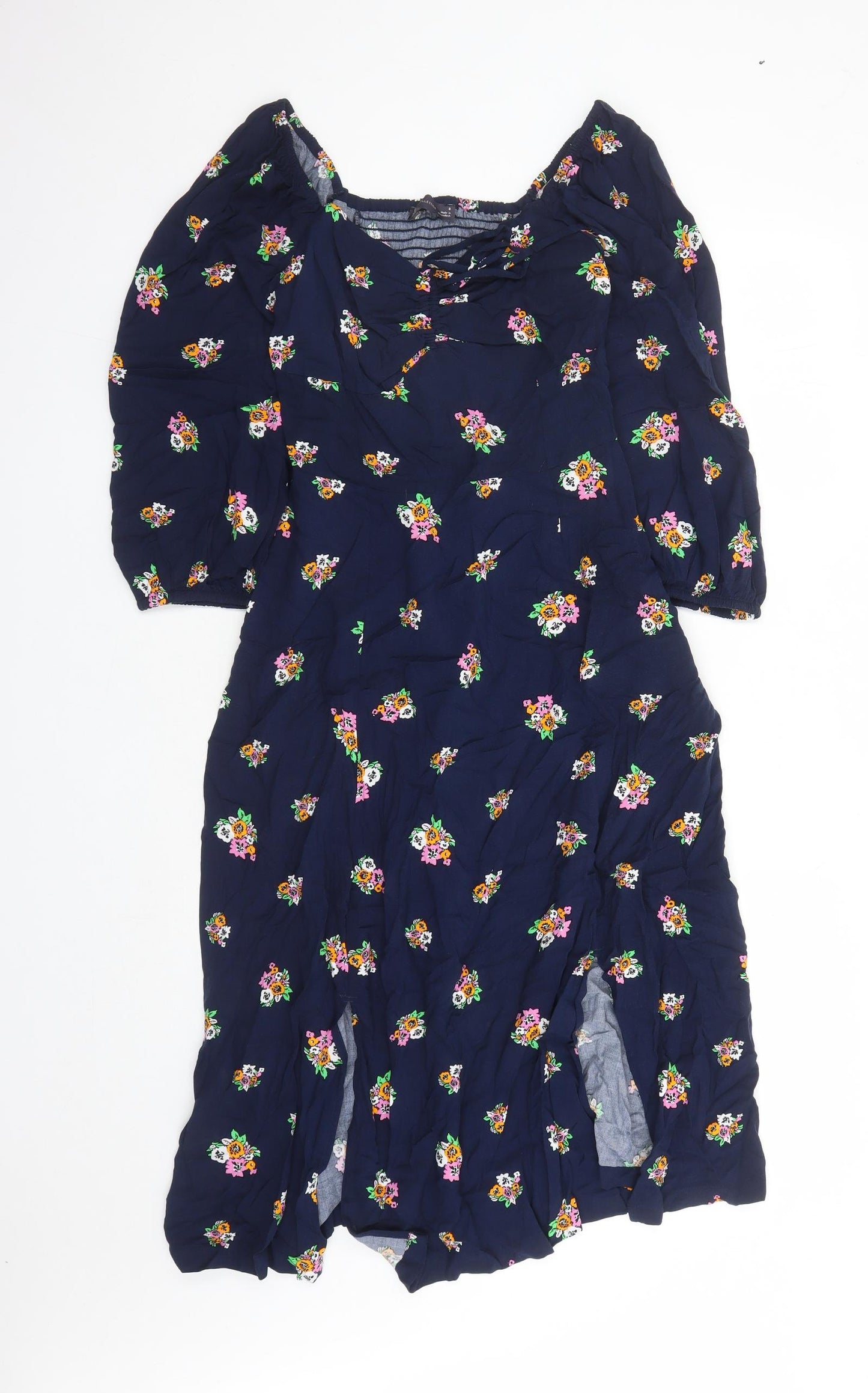 Marks and Spencer Womens Blue Floral Viscose A-Line Size 8 V-Neck Zip - Split Detail