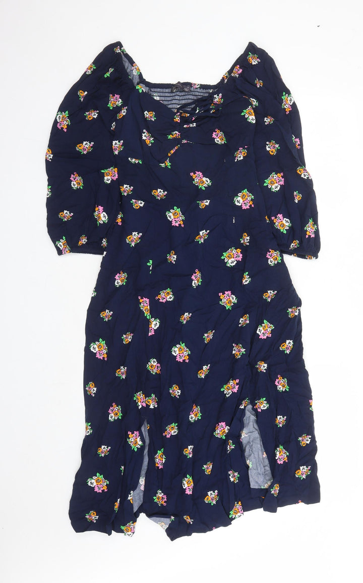 Marks and Spencer Womens Blue Floral Viscose A-Line Size 8 V-Neck Zip - Split Detail