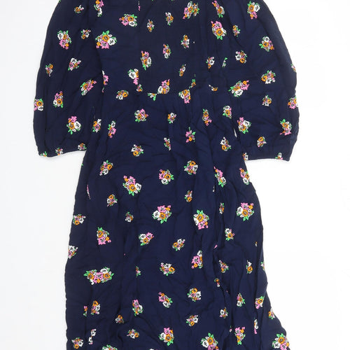 Marks and Spencer Womens Blue Floral Viscose A-Line Size 8 V-Neck Zip - Split Detail