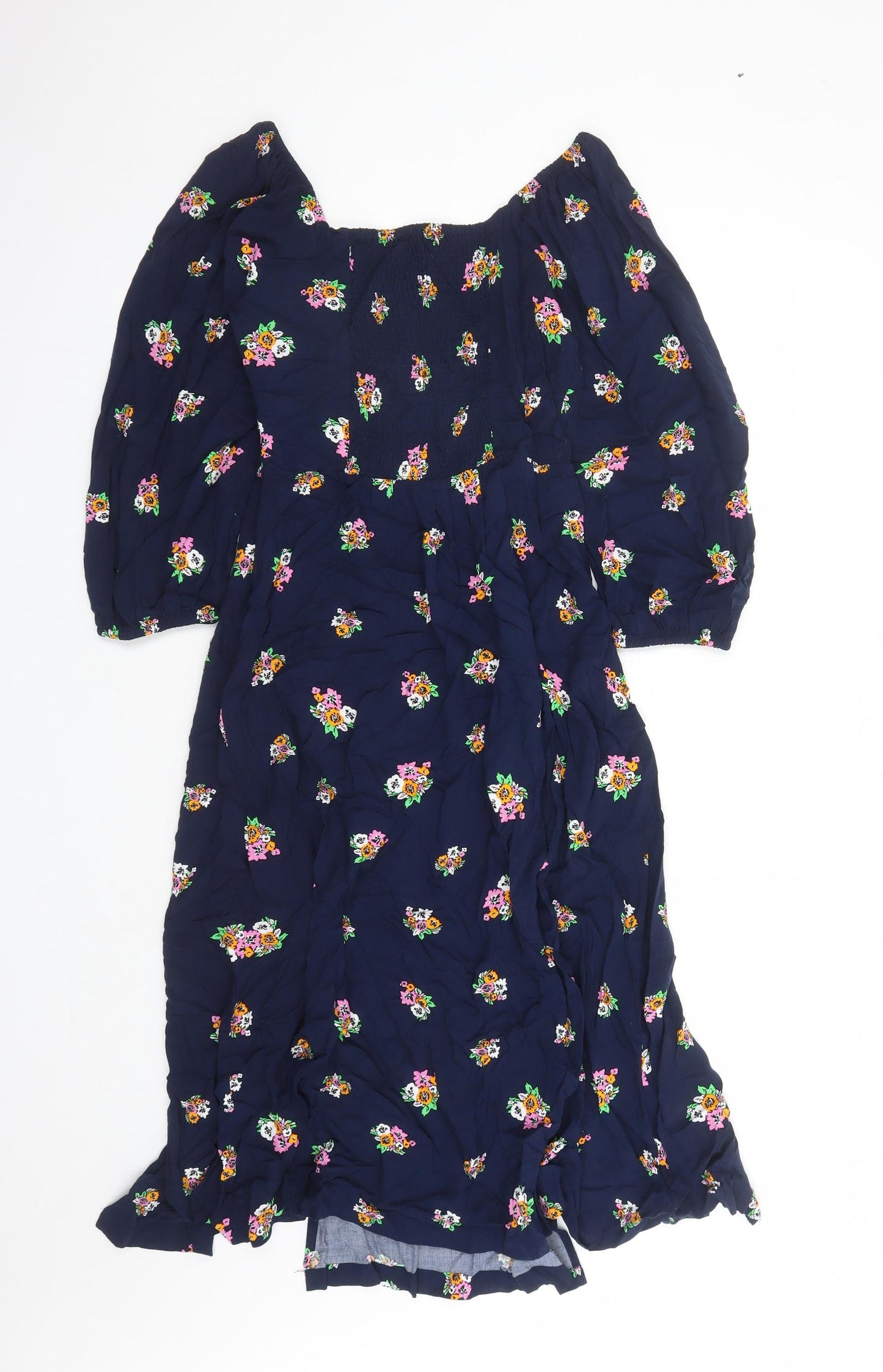 Marks and Spencer Womens Blue Floral Viscose A-Line Size 8 V-Neck Zip - Split Detail