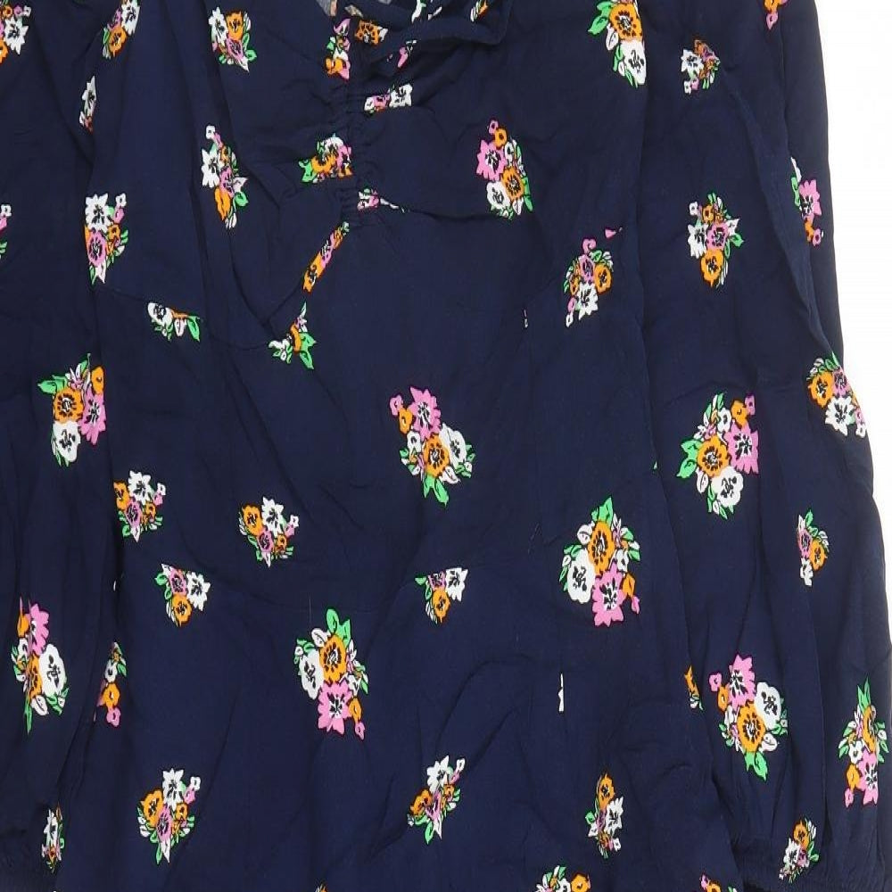 Marks and Spencer Womens Blue Floral Viscose A-Line Size 8 V-Neck Zip - Split Detail