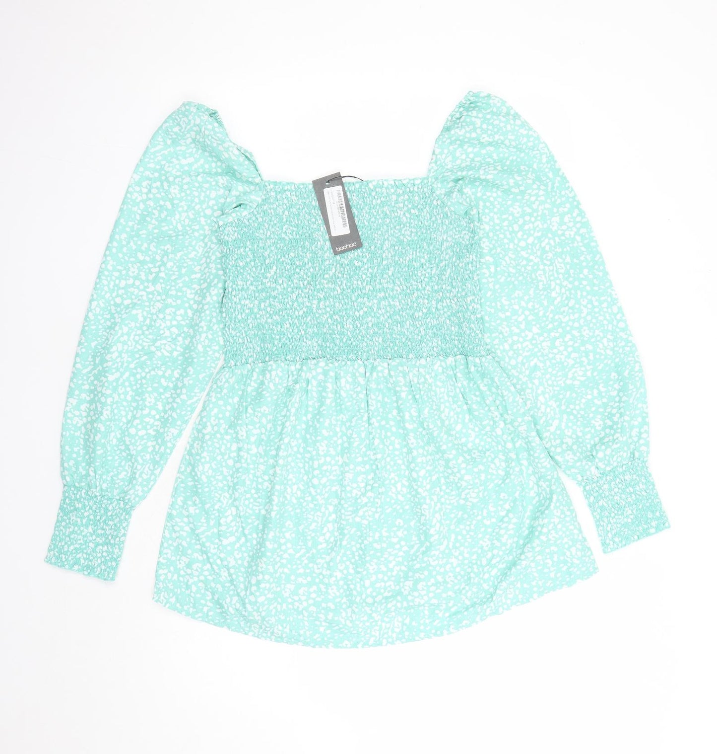 Boohoo Womens Green Geometric Polyester Basic Blouse Size 12 Square Neck