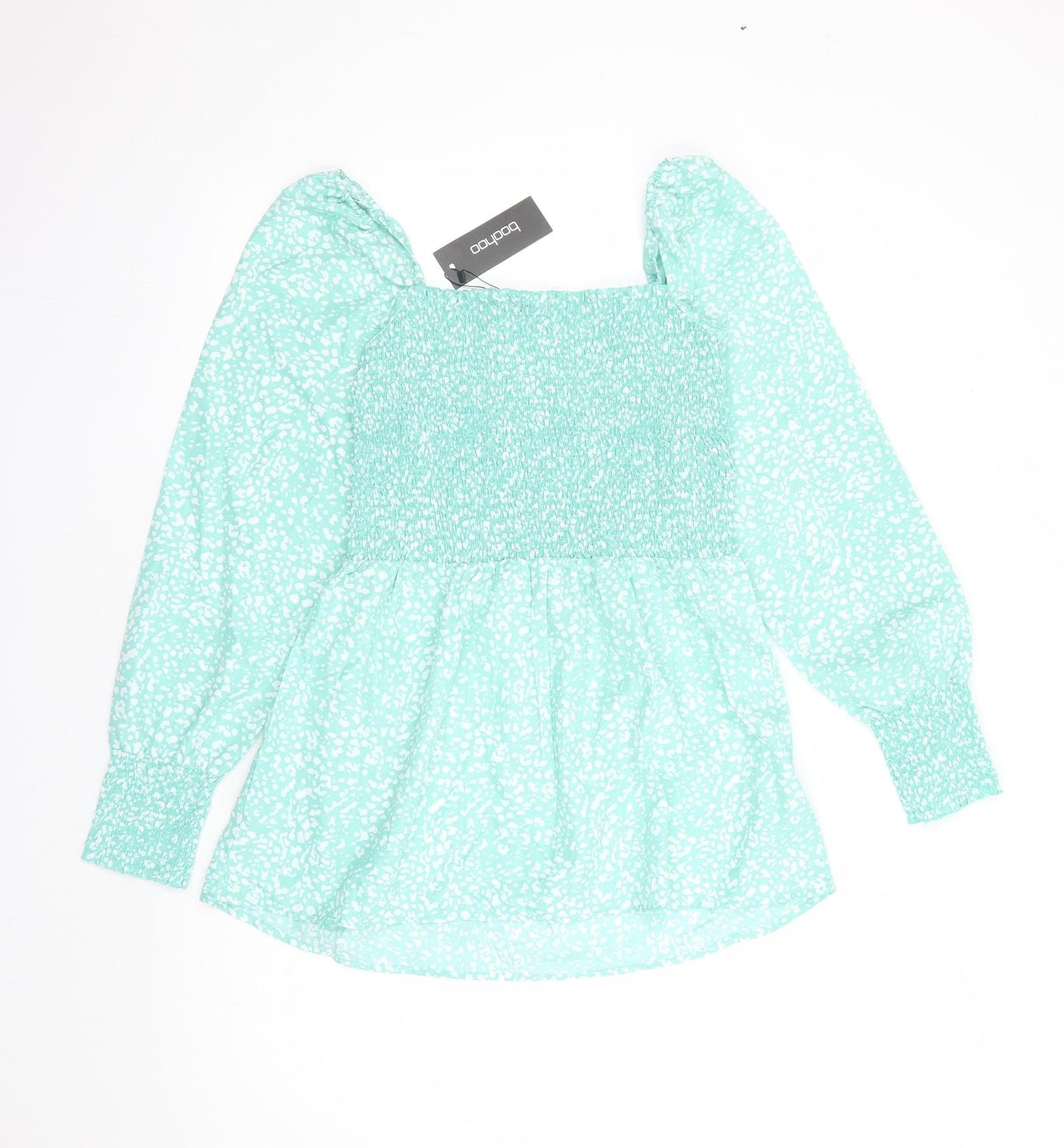 Boohoo Womens Green Geometric Polyester Basic Blouse Size 12 Square Neck