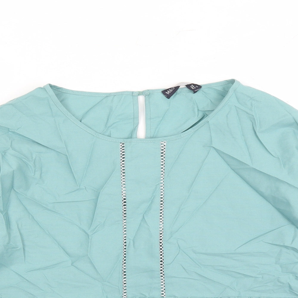 Marks and Spencer Womens Blue 100% Cotton Basic Blouse Size 14 Round Neck