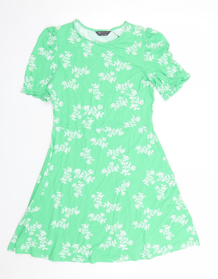 Marks and Spencer Womens Green Floral Viscose Fit & Flare Size 10 Round Neck Pullover