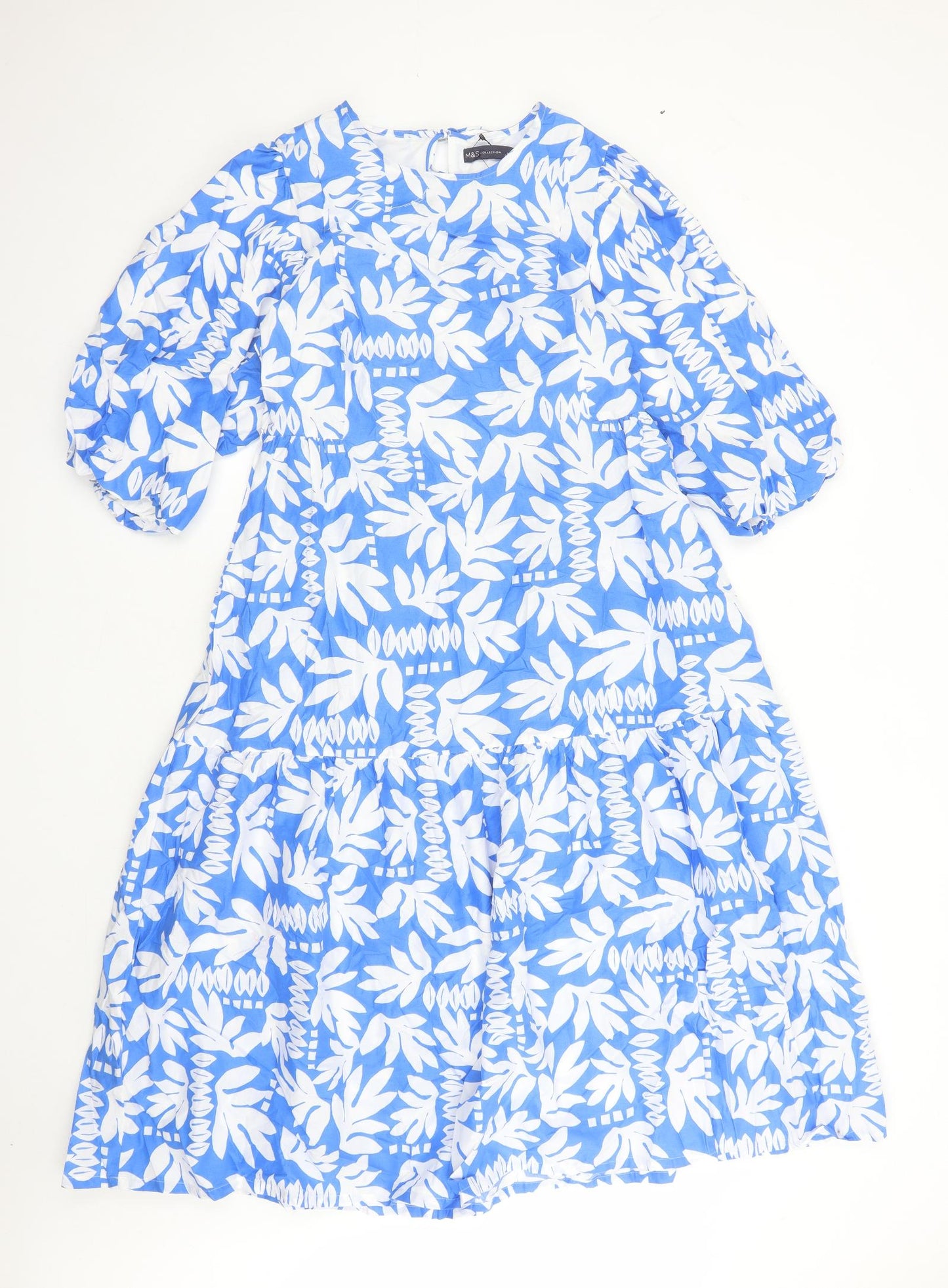 Marks and Spencer Womens Blue Geometric 100% Cotton Trapeze & Swing Size 12 Round Neck Tie