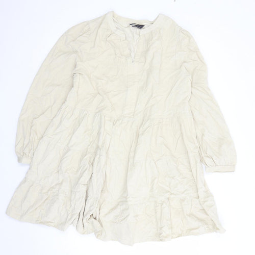 Marks and Spencer Womens Beige 100% Cotton Skater Dress Size 16 V-Neck Pullover