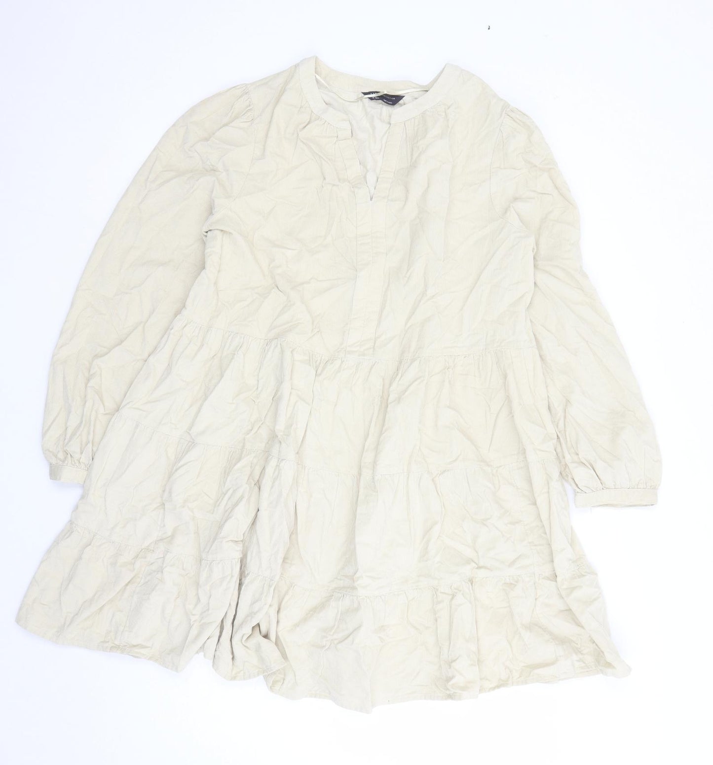 Marks and Spencer Womens Beige 100% Cotton Skater Dress Size 16 V-Neck Pullover