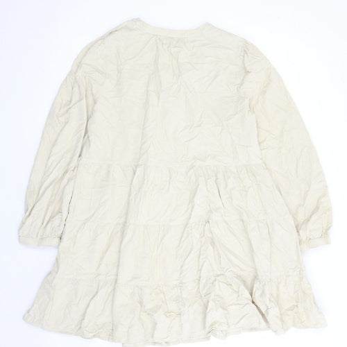 Marks and Spencer Womens Beige 100% Cotton Skater Dress Size 16 V-Neck Pullover