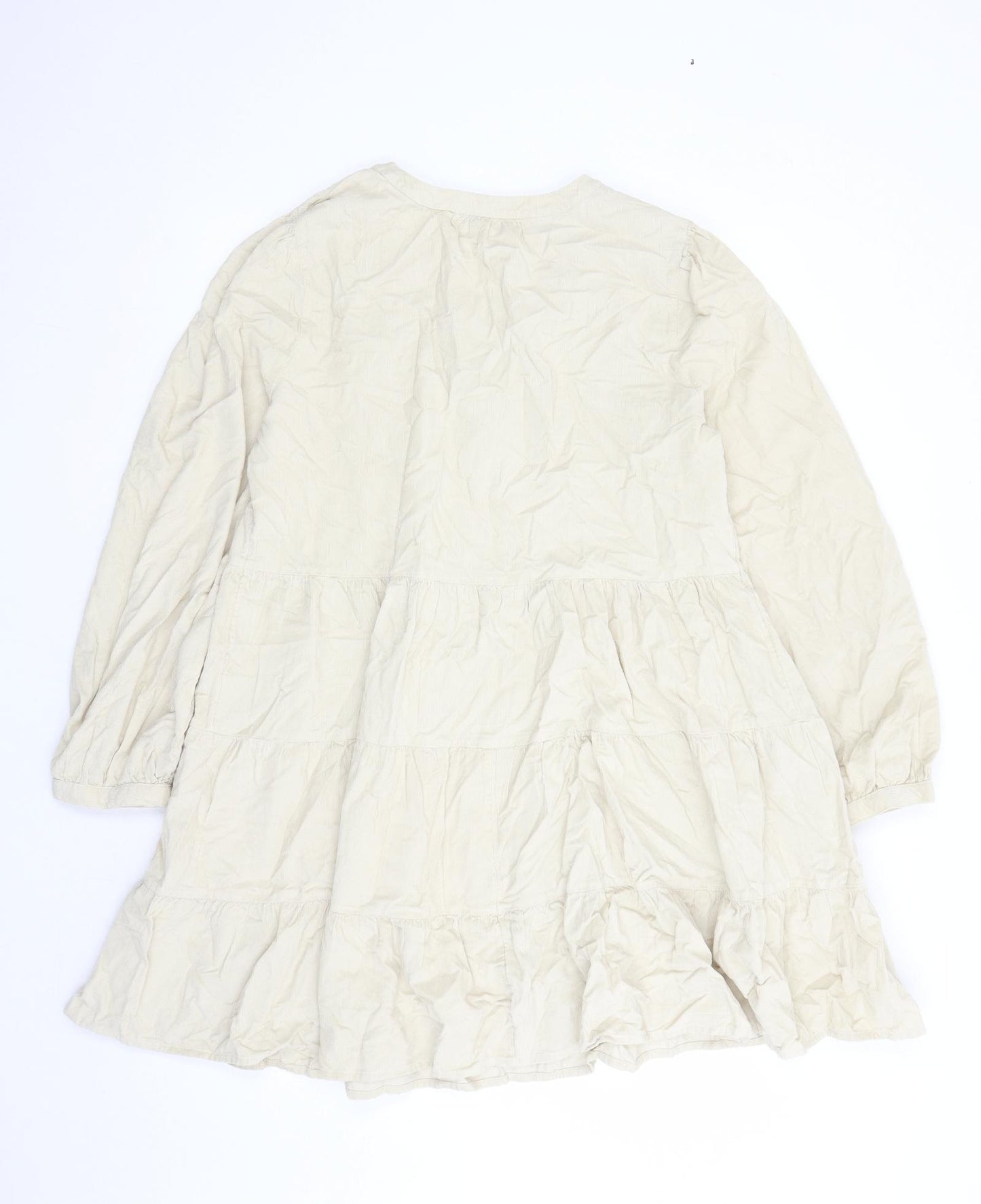 Marks and Spencer Womens Beige 100% Cotton Skater Dress Size 16 V-Neck Pullover