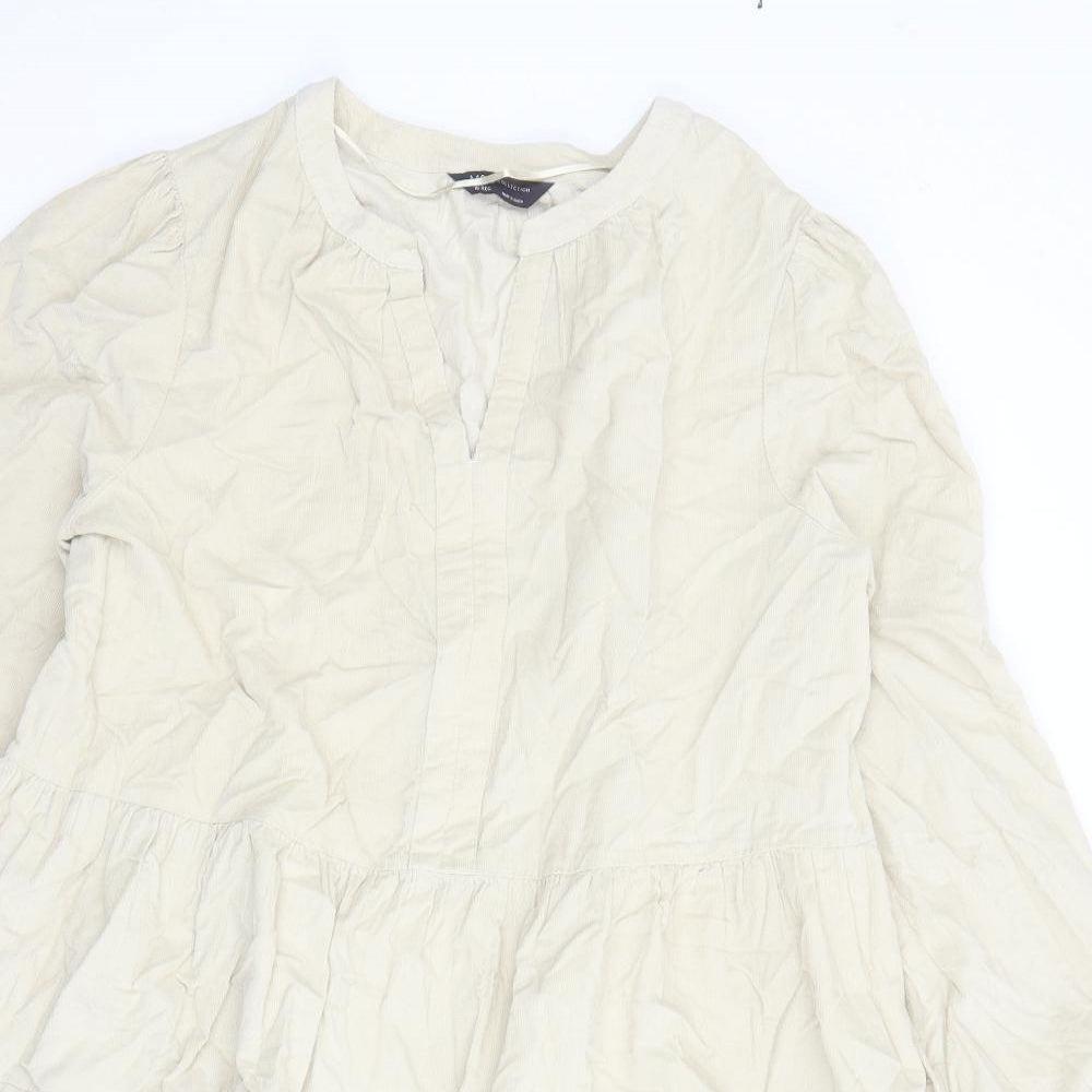 Marks and Spencer Womens Beige 100% Cotton Skater Dress Size 16 V-Neck Pullover