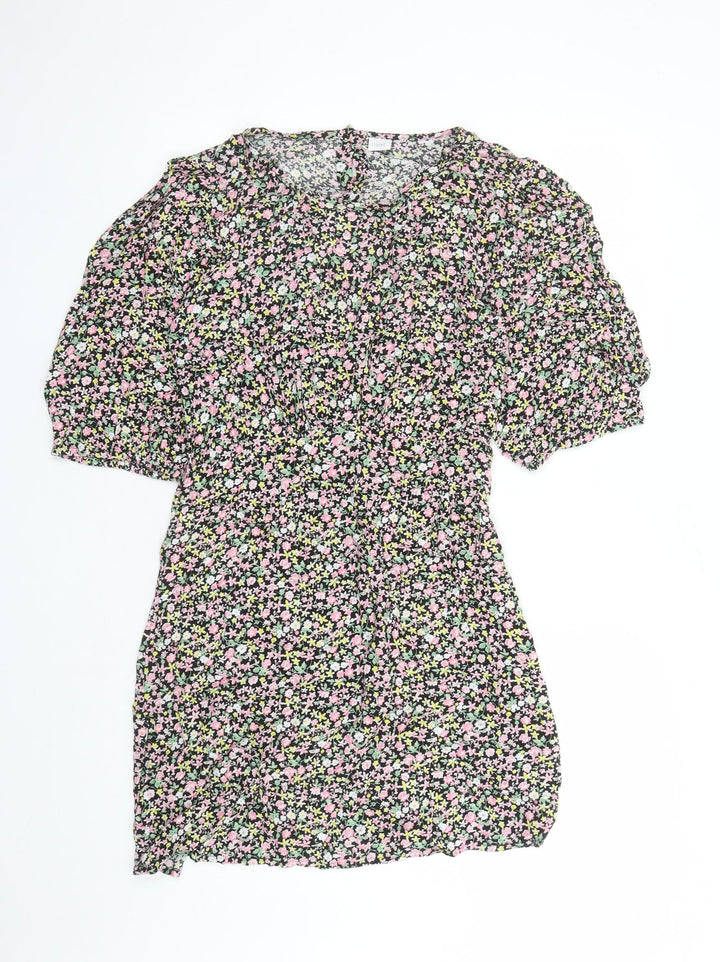 NEXT Girls Black Floral Viscose A-Line Size 16 Years Round Neck Button