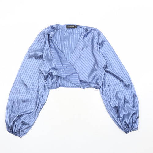 PRETTYLITTLETHING Womens Blue Striped Polyester Cropped Blouse Size 8 V-Neck