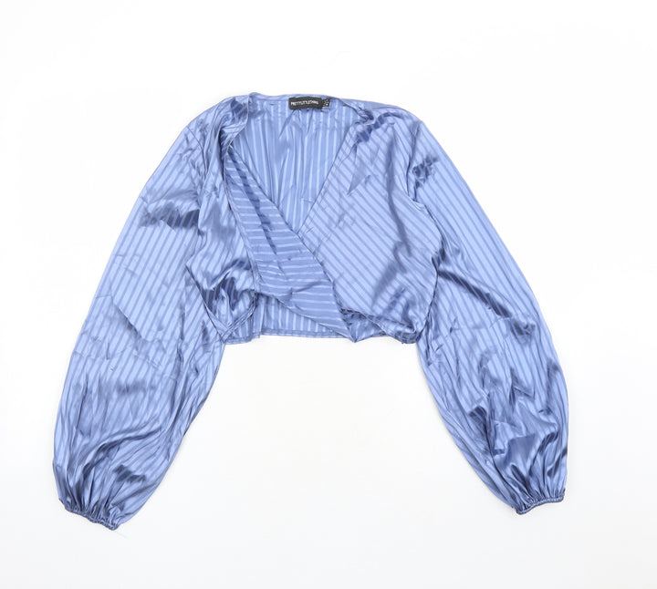 PRETTYLITTLETHING Womens Blue Striped Polyester Cropped Blouse Size 8 V-Neck