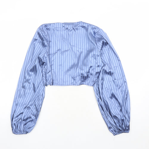 PRETTYLITTLETHING Womens Blue Striped Polyester Cropped Blouse Size 8 V-Neck