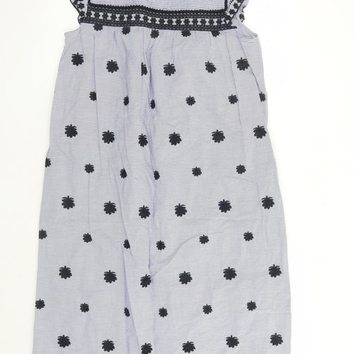 Zara Womens Blue Striped 100% Cotton A-Line Size M Round Neck Button - Embroidered Detail