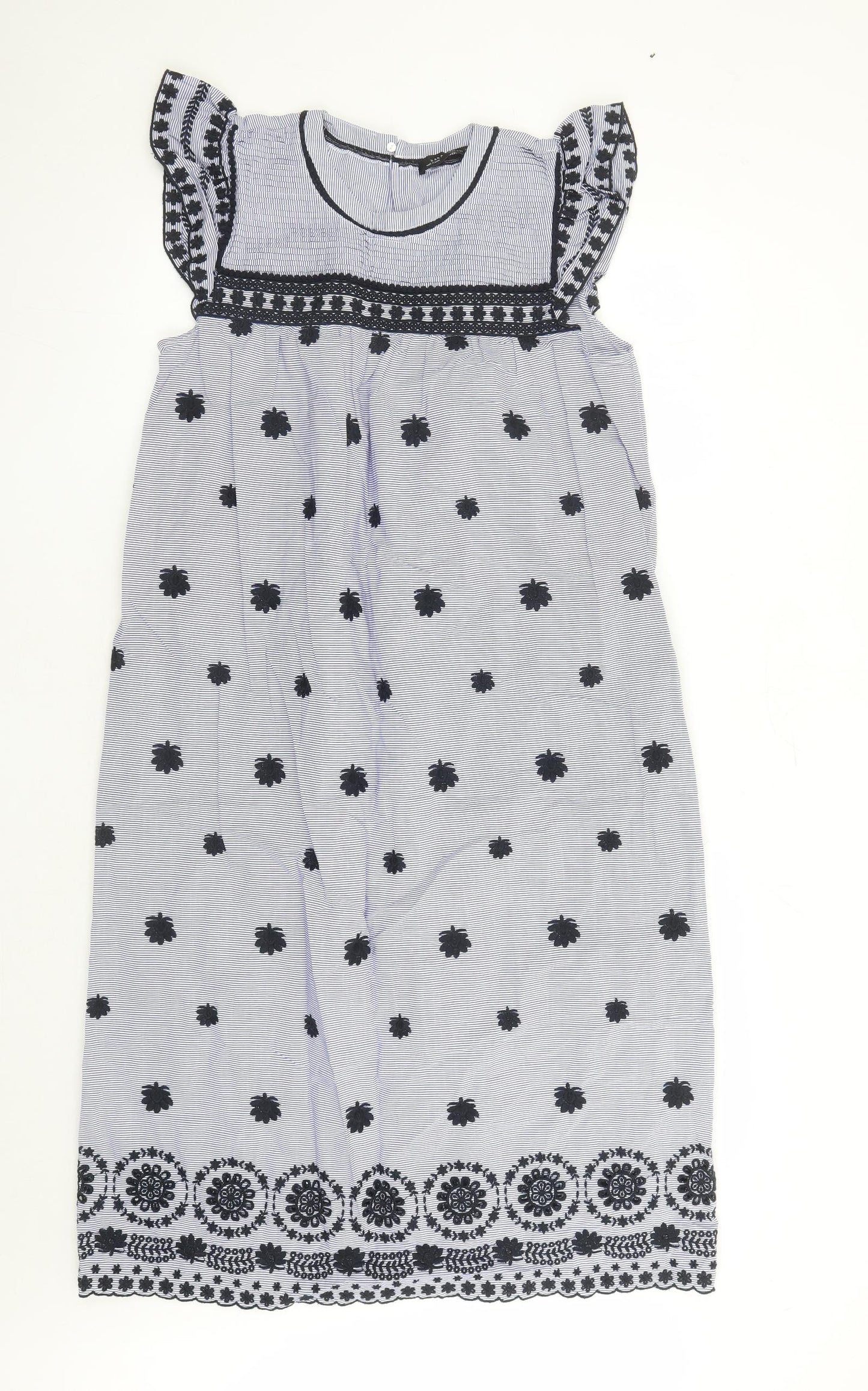 Zara Womens Blue Striped 100% Cotton A-Line Size M Round Neck Button - Embroidered Detail