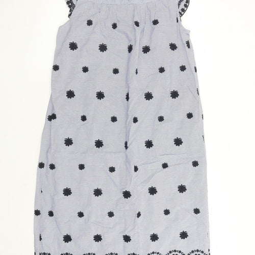 Zara Womens Blue Striped 100% Cotton A-Line Size M Round Neck Button - Embroidered Detail