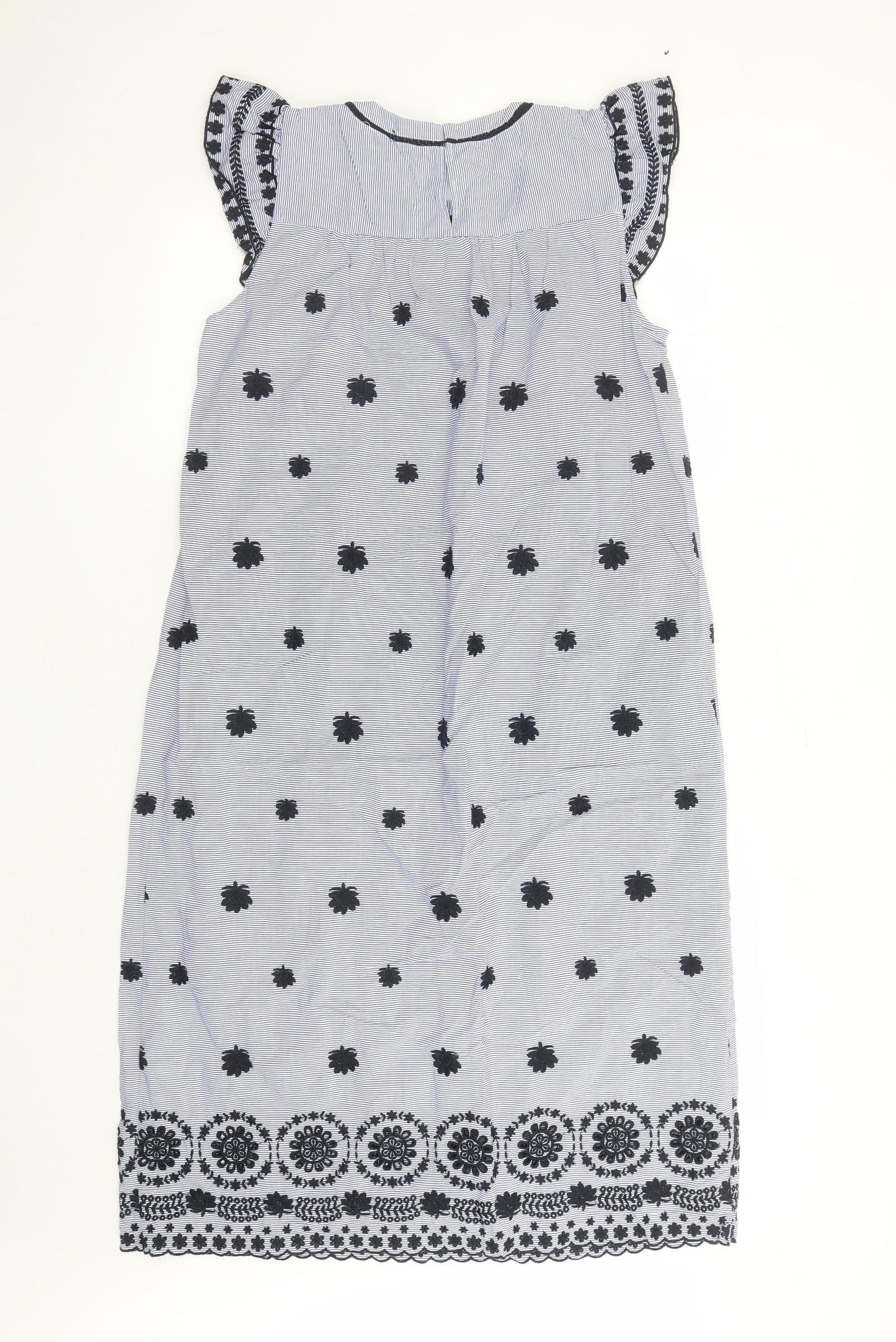 Zara Womens Blue Striped 100% Cotton A-Line Size M Round Neck Button - Embroidered Detail
