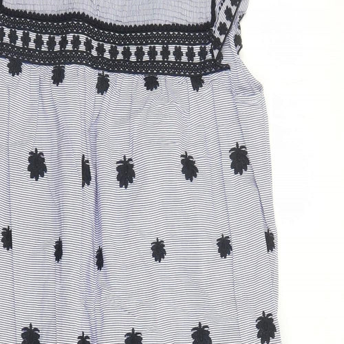 Zara Womens Blue Striped 100% Cotton A-Line Size M Round Neck Button - Embroidered Detail