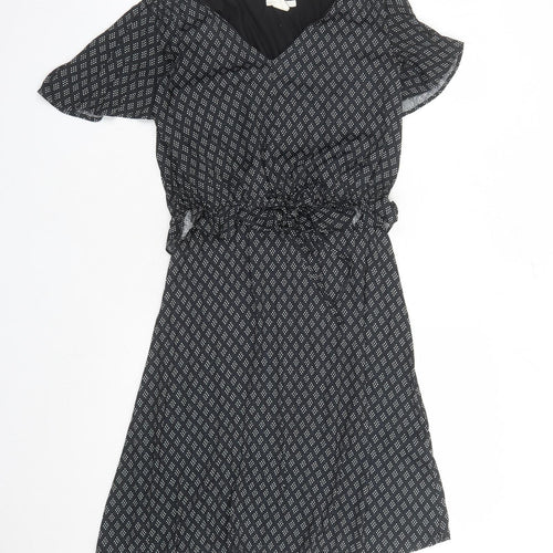 H&M Womens Black Geometric Polyester A-Line Size S V-Neck Pullover