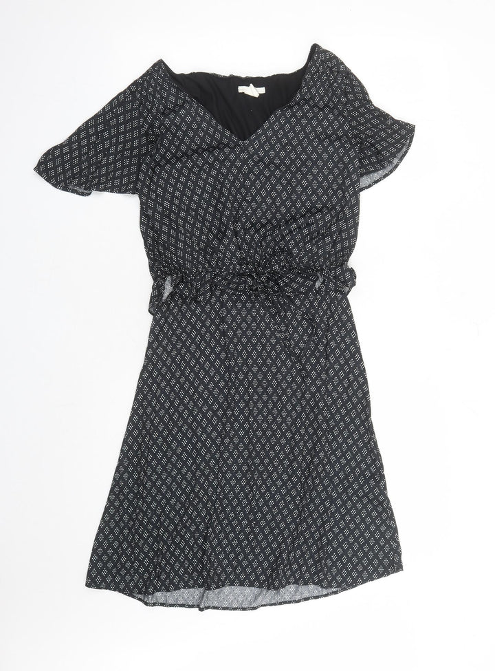 H&M Womens Black Geometric Polyester A-Line Size S V-Neck Pullover