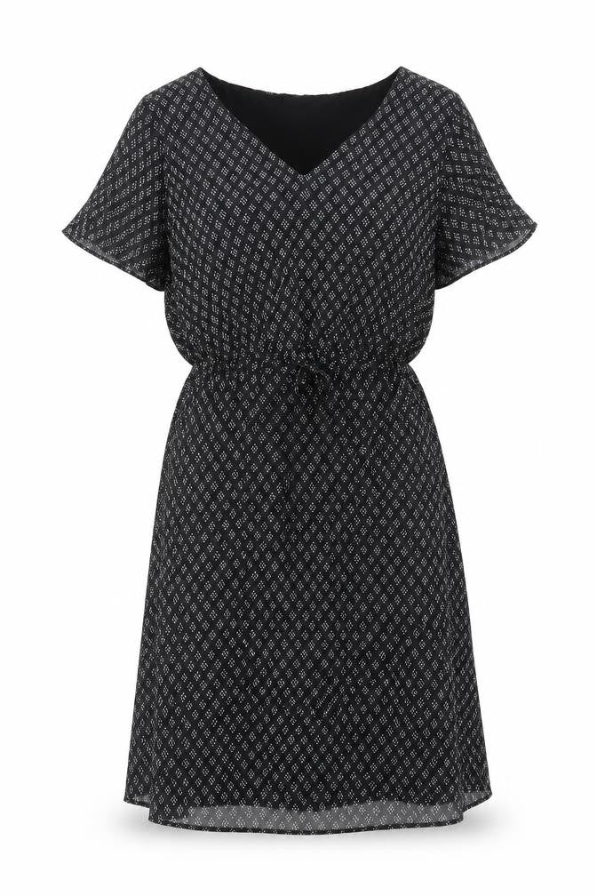 Front view of H&M women’s black geometric polyester a-line, size S, v-neck pullover