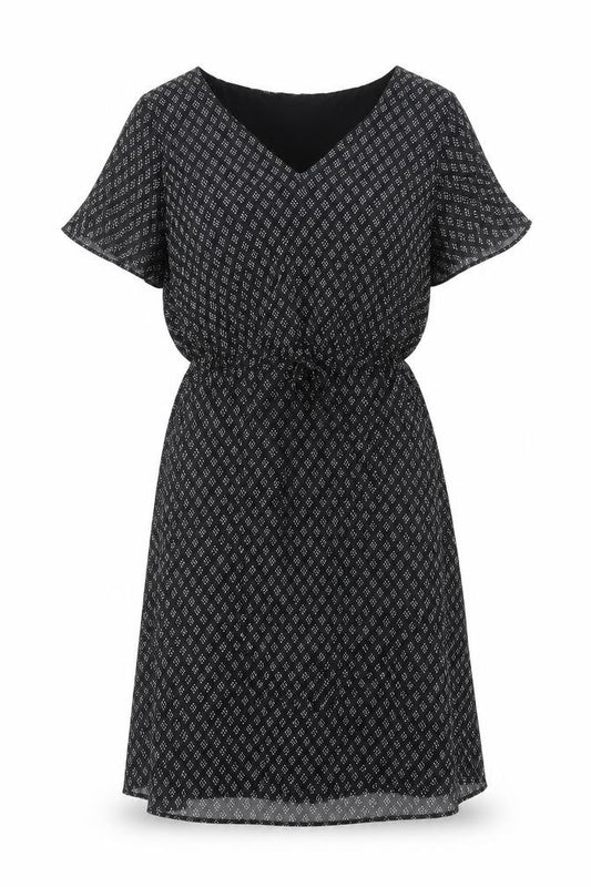 Front view of H&M women’s black geometric polyester a-line, size S, v-neck pullover