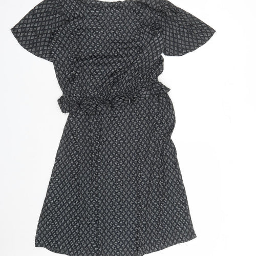 H&M Womens Black Geometric Polyester A-Line Size S V-Neck Pullover