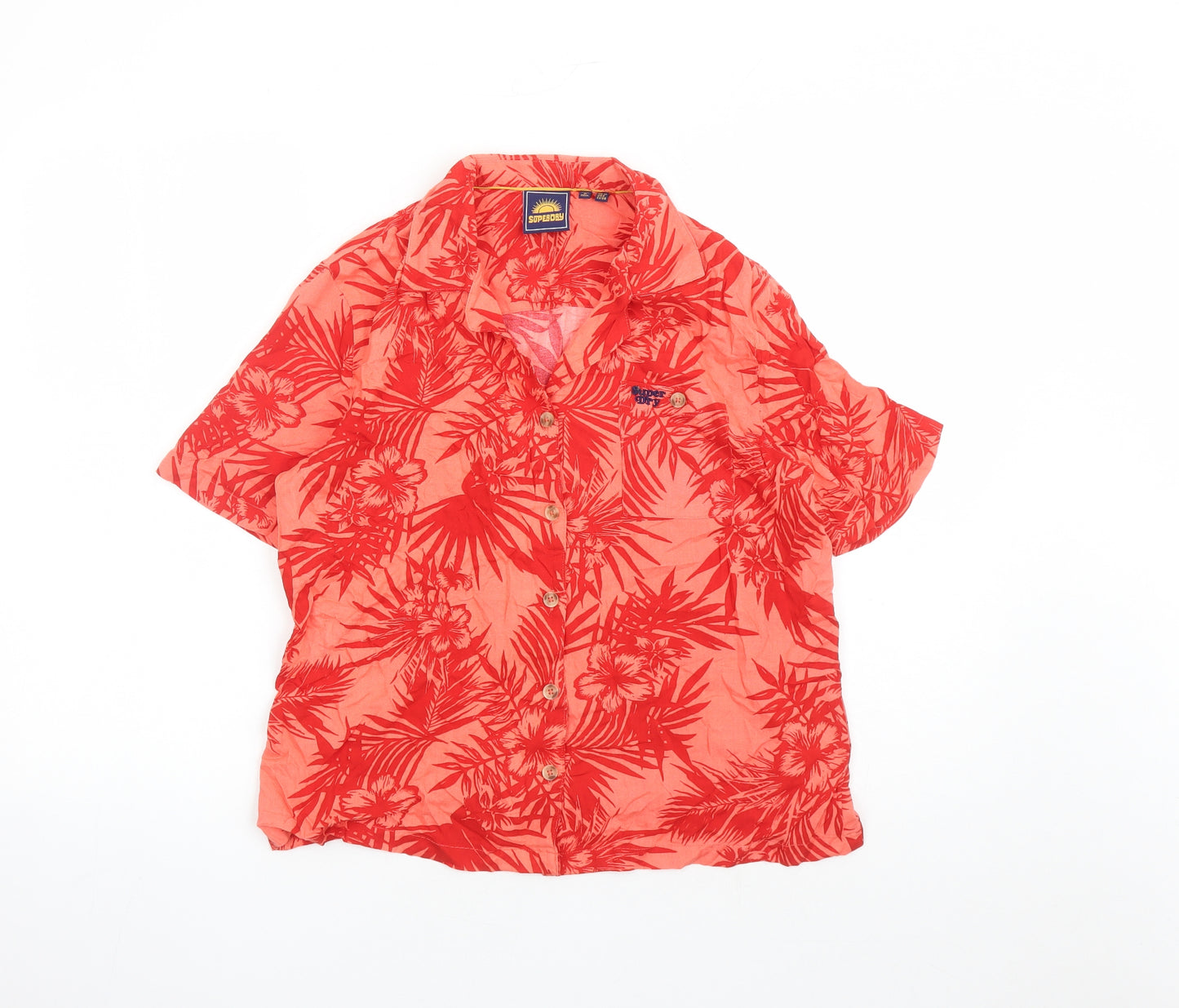 Superdry Womens Red Floral Viscose Basic Button-Up Size 10 Collared - Pocket Detail