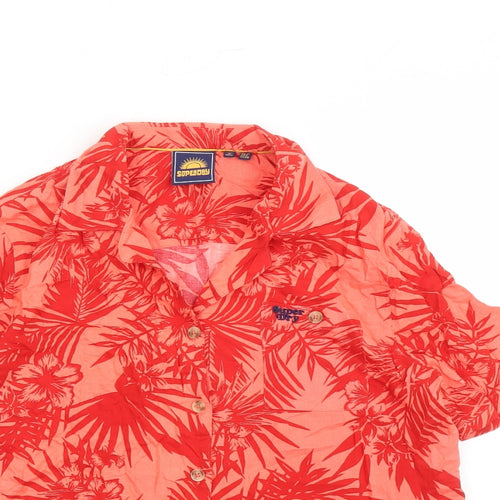 Superdry Womens Red Floral Viscose Basic Button-Up Size 10 Collared - Pocket Detail