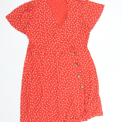 NEXT Womens Red Polka Dot Viscose A-Line Size 18 V-Neck Pullover - Button Detail On Sides