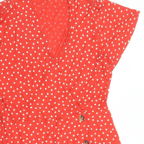 NEXT Womens Red Polka Dot Viscose A-Line Size 18 V-Neck Pullover - Button Detail On Sides