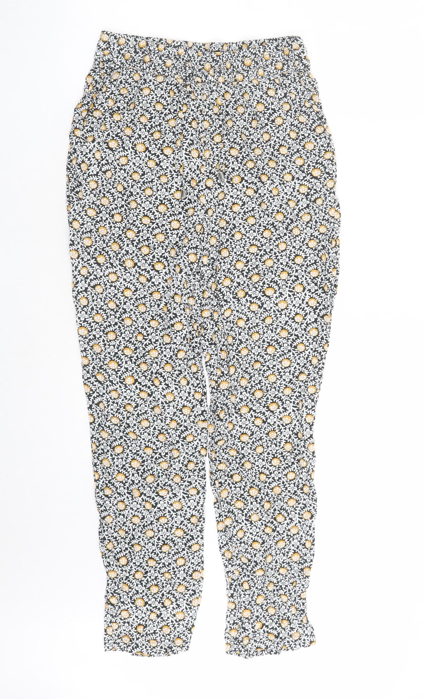 Marks and Spencer Womens Black Geometric Viscose Carrot Trousers Size 8 L26 in Regular Drawstring - Elasticated Waist Pockets
