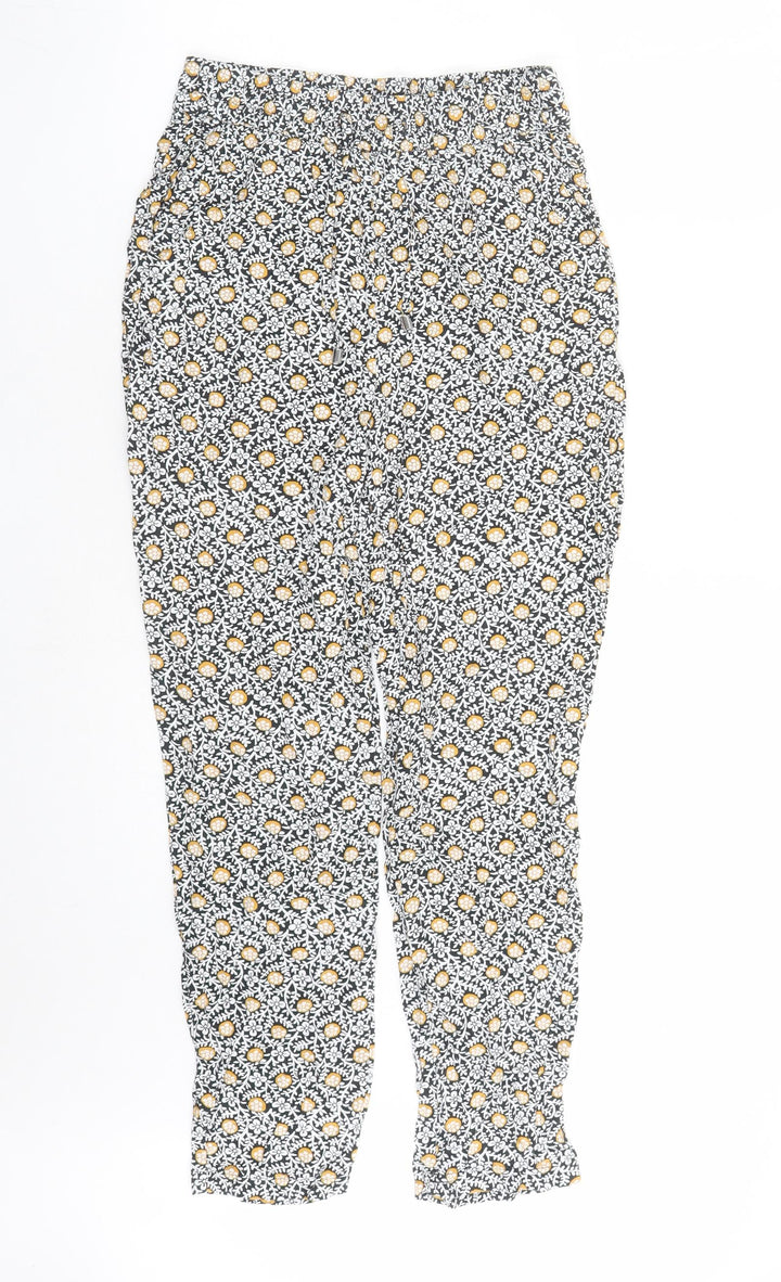 Marks and Spencer Womens Black Geometric Viscose Carrot Trousers Size 8 L26 in Regular Drawstring - Elasticated Waist Pockets