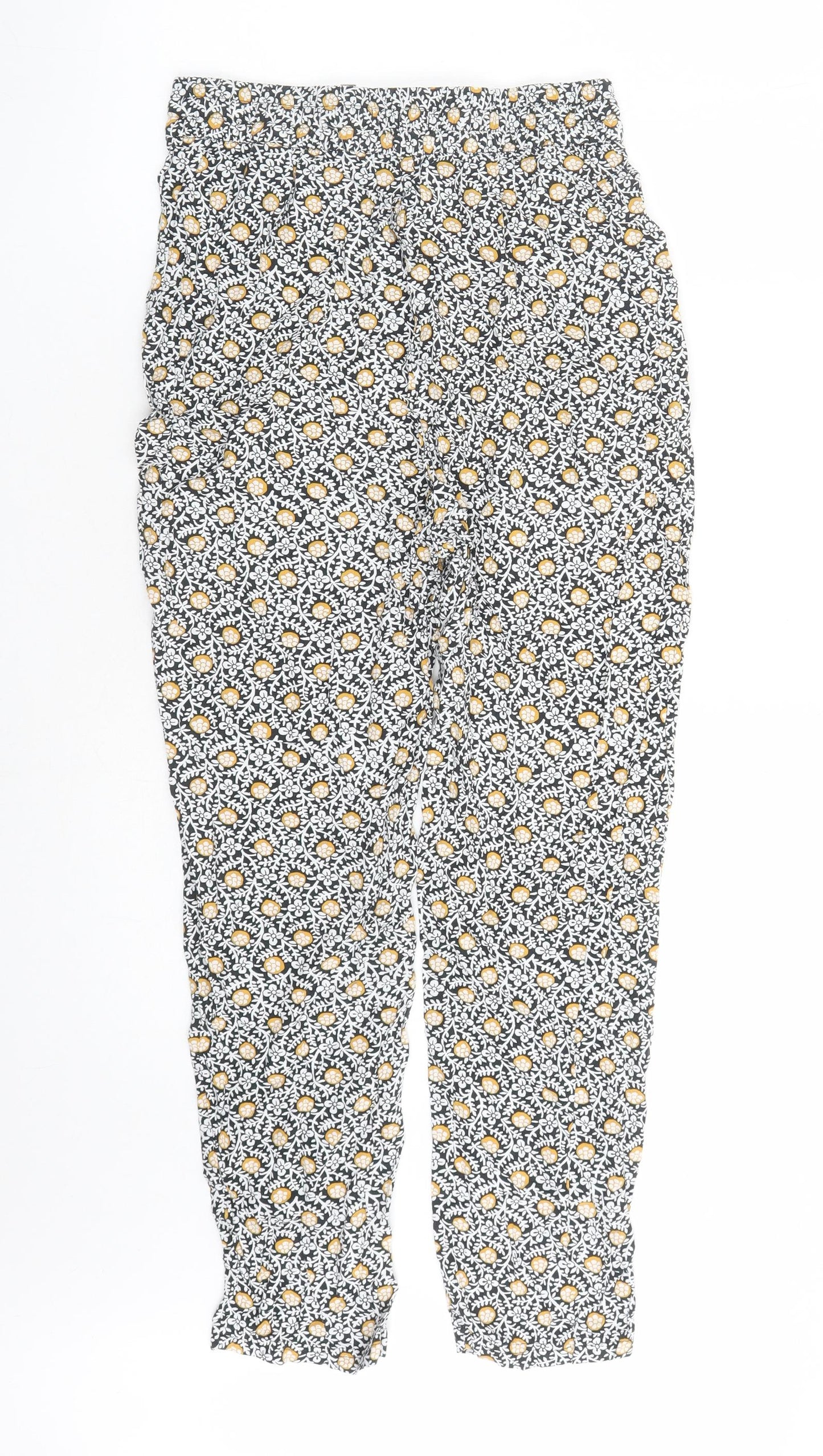 Marks and Spencer Womens Black Geometric Viscose Carrot Trousers Size 8 L26 in Regular Drawstring - Elasticated Waist Pockets