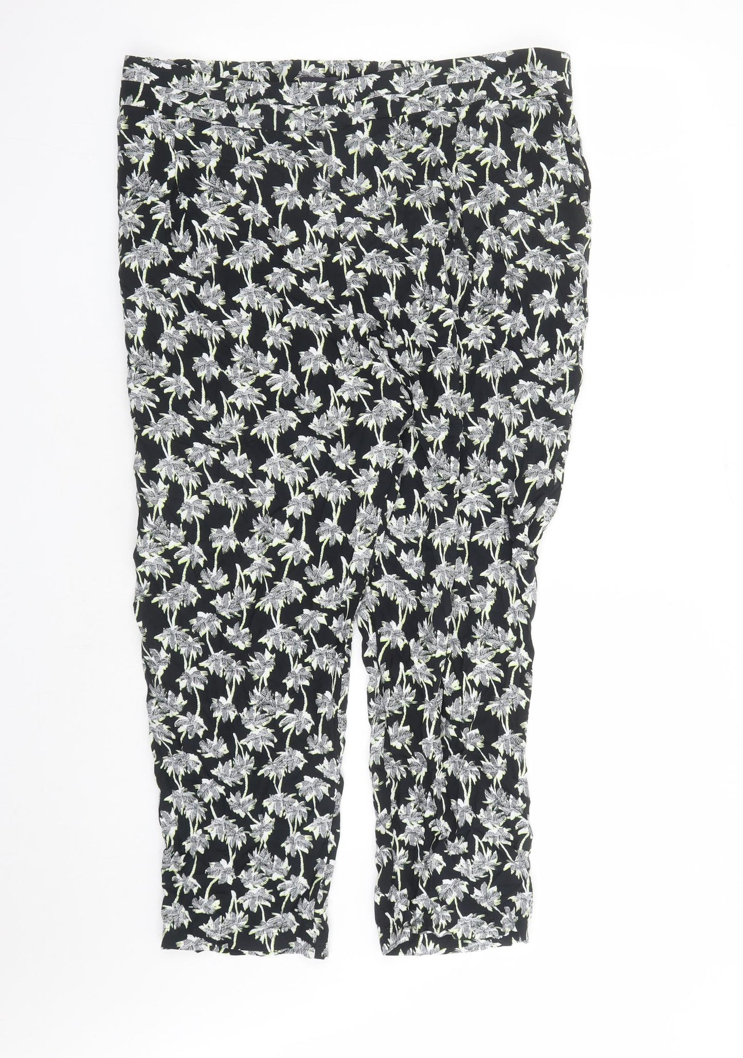 Marks and Spencer Womens Black Geometric Viscose Carrot Trousers Size 24 L26 in Regular - Elasticated Waist Pockets Short Leg