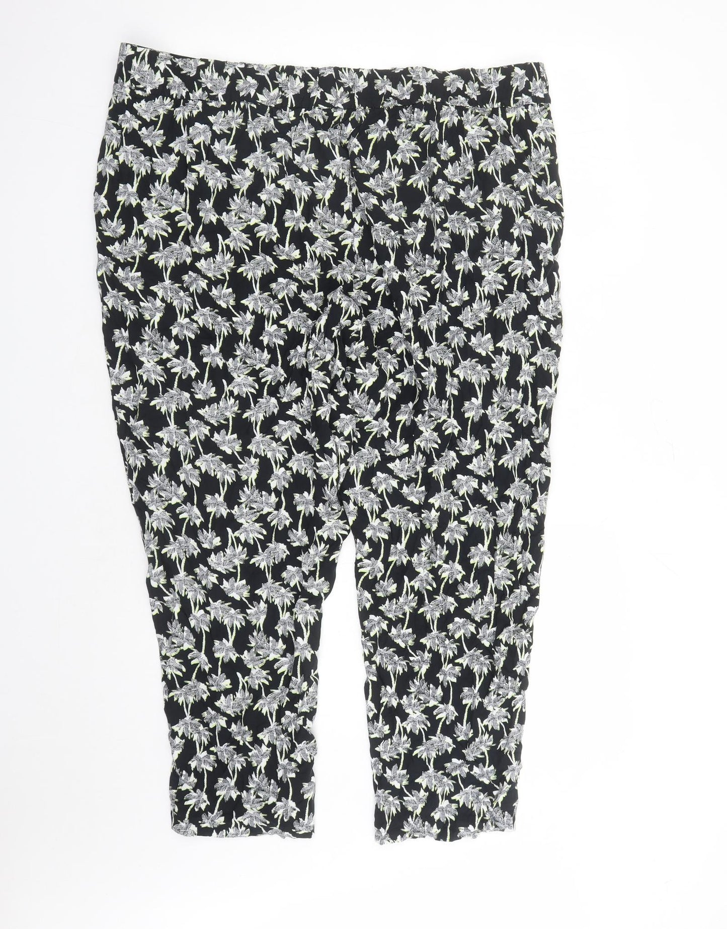 Marks and Spencer Womens Black Geometric Viscose Carrot Trousers Size 24 L26 in Regular - Elasticated Waist Pockets Short Leg