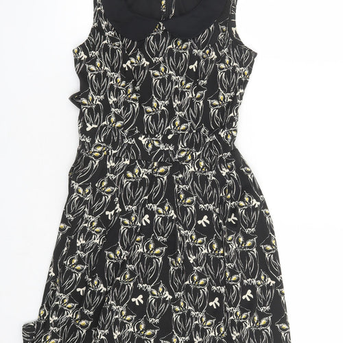 Yumi Womens Black Geometric Polyester A-Line Size 8 Collared Zip - Owl Pattern Lined