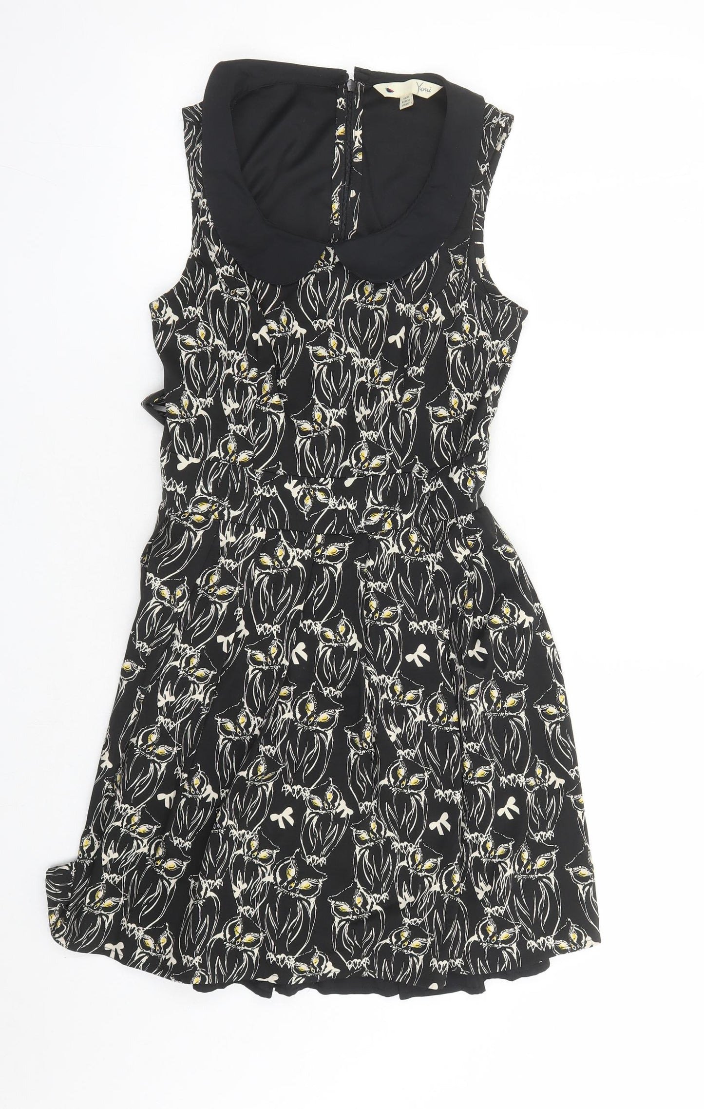 Yumi Womens Black Geometric Polyester A-Line Size 8 Collared Zip - Owl Pattern Lined